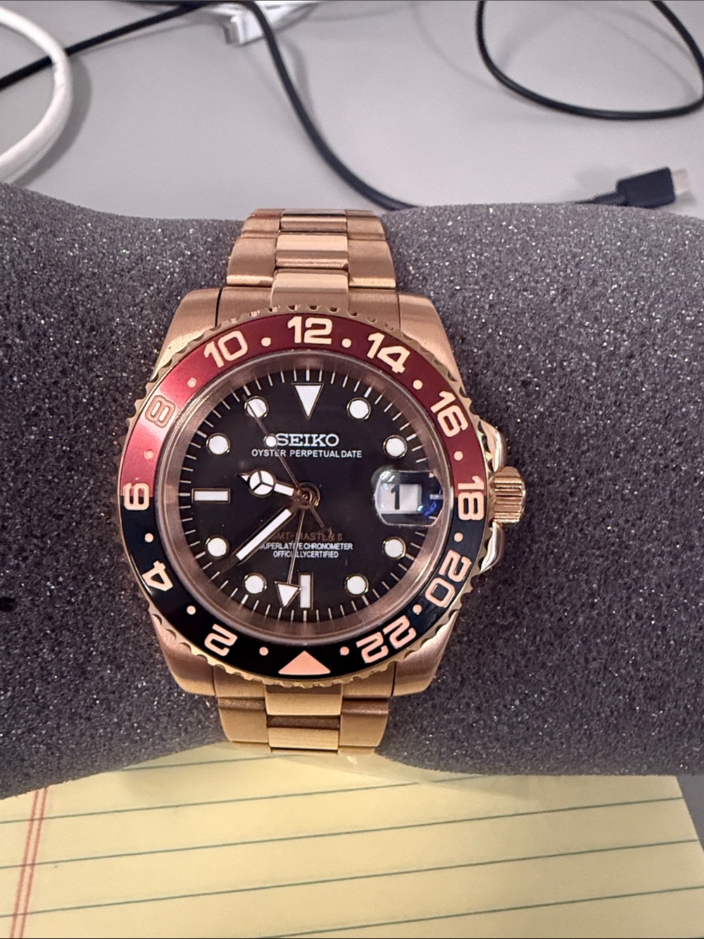Seiko GMT NH34 Watch - “Rootbeer” Bezel with real Rose Gold plating on Steel